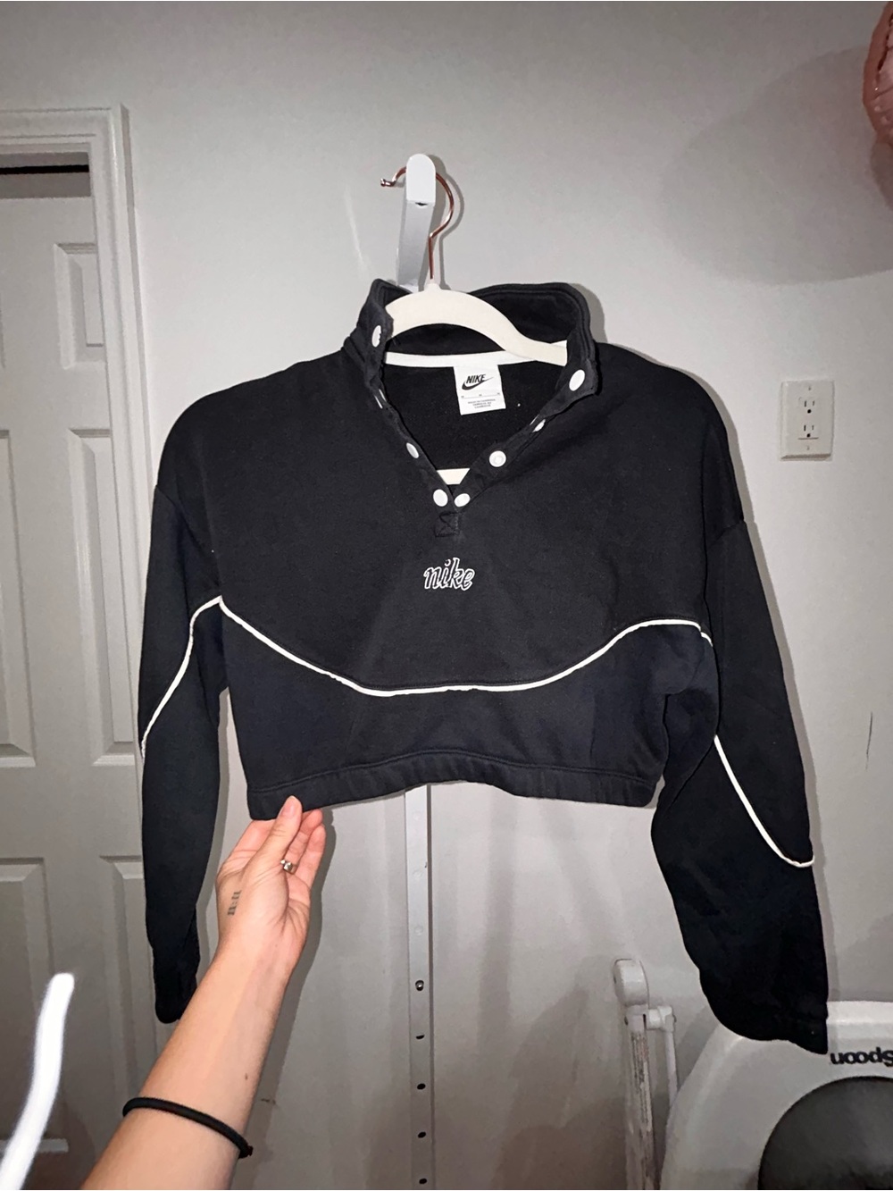 Nike Black Cropped Snap-Button Pullover with White Piping